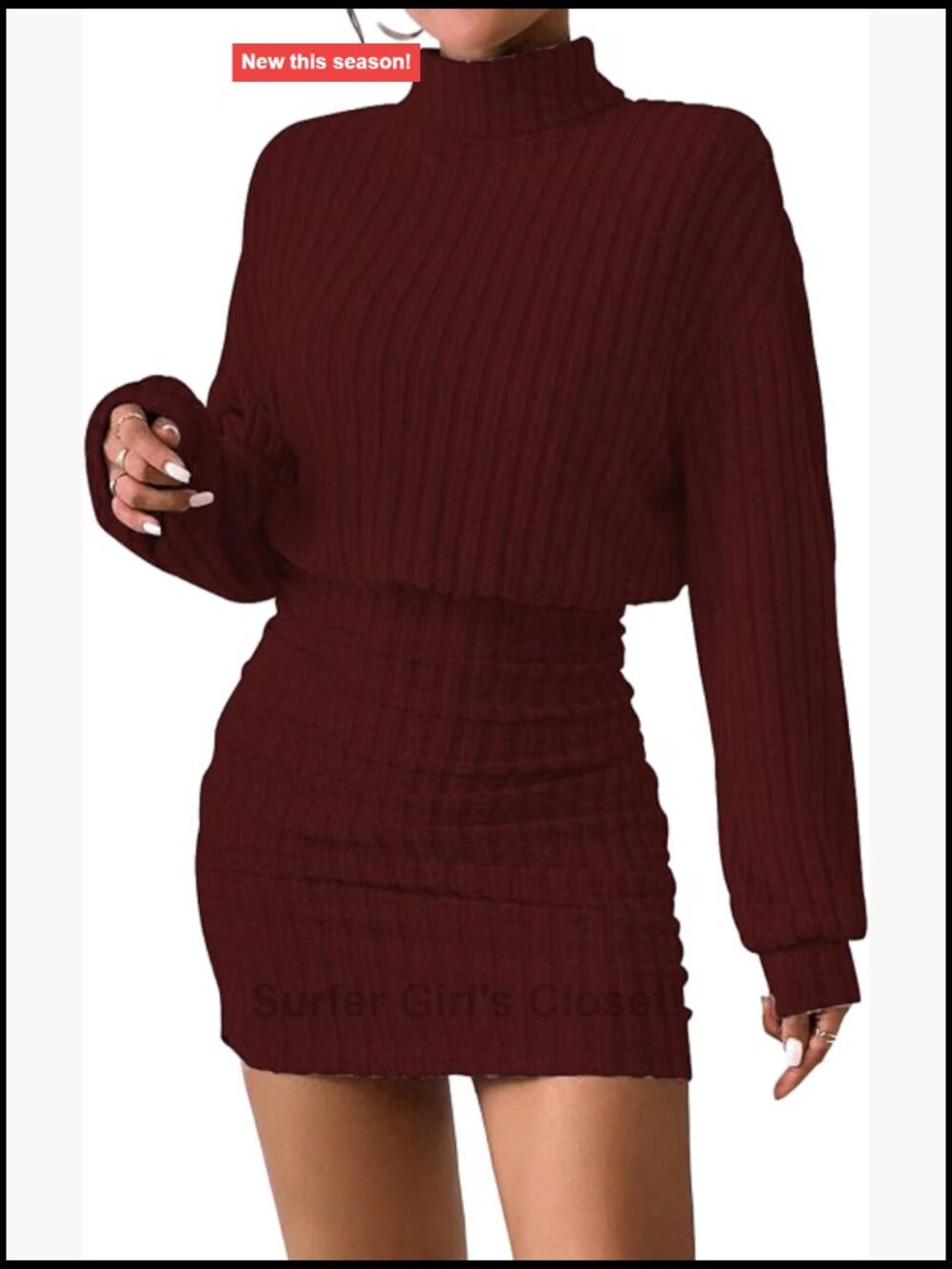 Lightweight Ribbed Ruched Bodycon Mini Dress with Lantern Sleeves